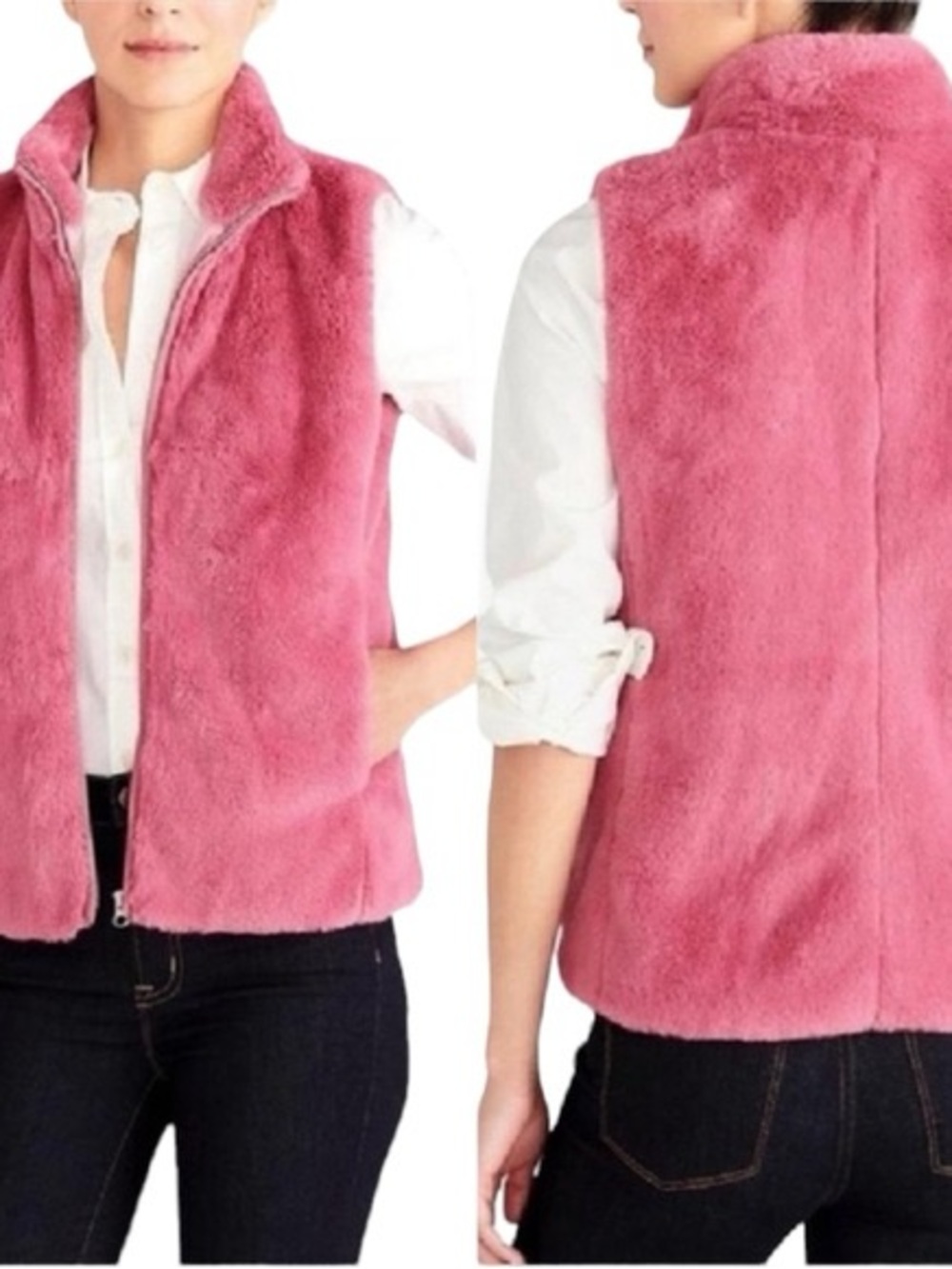 J. Crew Pink Plush Faux Fur Vest Full Zip Guava Berry M fuzzy cozy preppy sherpa